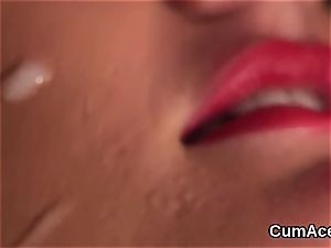 Wicked gal gets cumshot on her face drinking all the splooge